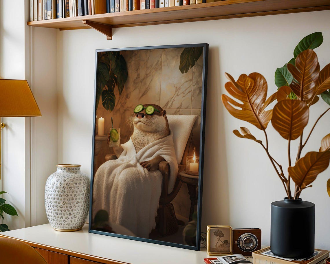 Otter in a Bathrobe With Cucumber Eyes Marble Spa Day Poster - Image 4