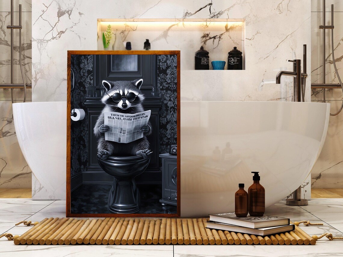 Cool Raccoon in Sunglasses Reading the Newspaper on the Toilet Poster - Image 5