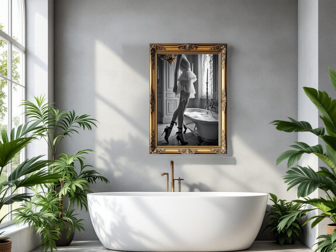 Woman In Short White Dress Walking Past A Clawfoot Tub Poster - Image 3