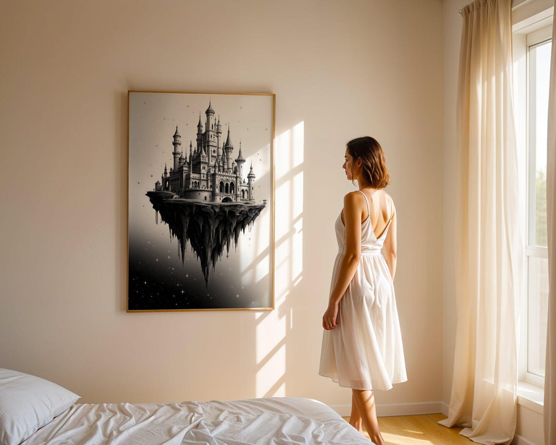 Floating Gothic Castle on a Rocky Island in a Starry Night Sky Poster - Image 5
