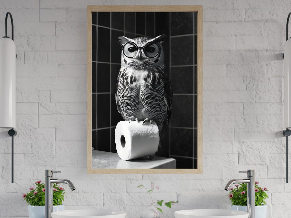 Wise Owl with Round Glasses Perched on Toilet Paper Roll Poster