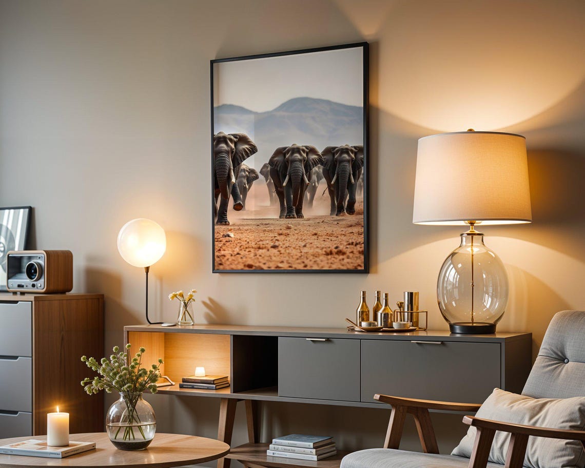 African Elephant Herd Charging Forward on a Dusty Savanna Trail Poster - Image 5