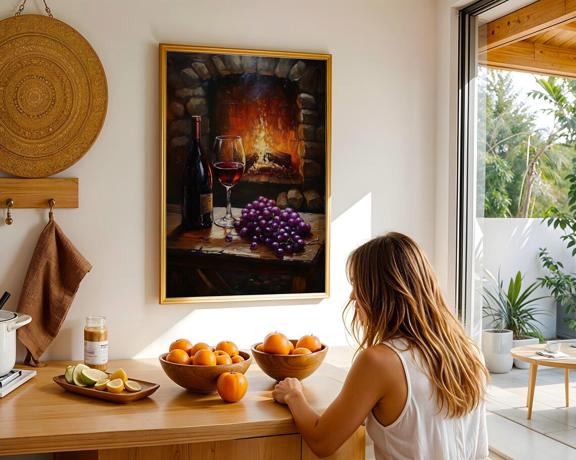 Red Wine and Grapes Still Life Painting by a Fireplace Poster - Image 4