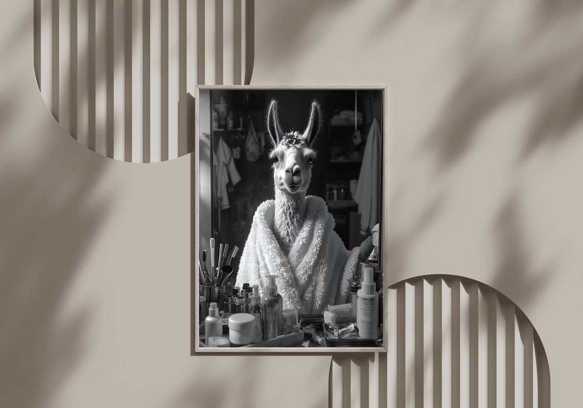 Llama In White Bathrobe Black And White Animal Bathroom Poster
