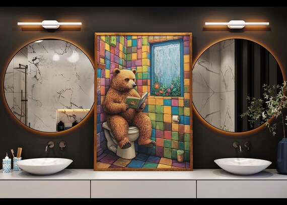Brown Bear Reading Book Sitting On Toilet Colorful Bathroom Poster