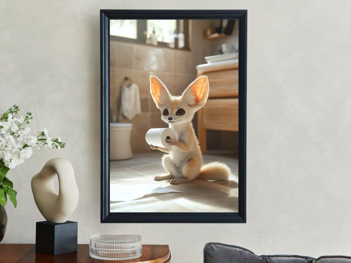 Baby Fennec Fox Holding Toilet Paper in Sunlit Bathroom Poster - Image 2