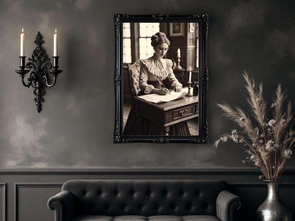 Victorian Woman Writing with Quill at Candlelit Desk, B&W Poster - Image 4