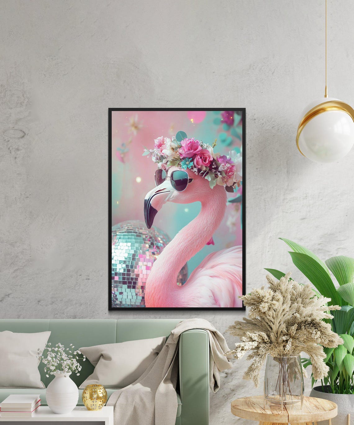 Flamingo with Sunglasses and Flower Crown by a Disco Ball Party Poster - Image 2