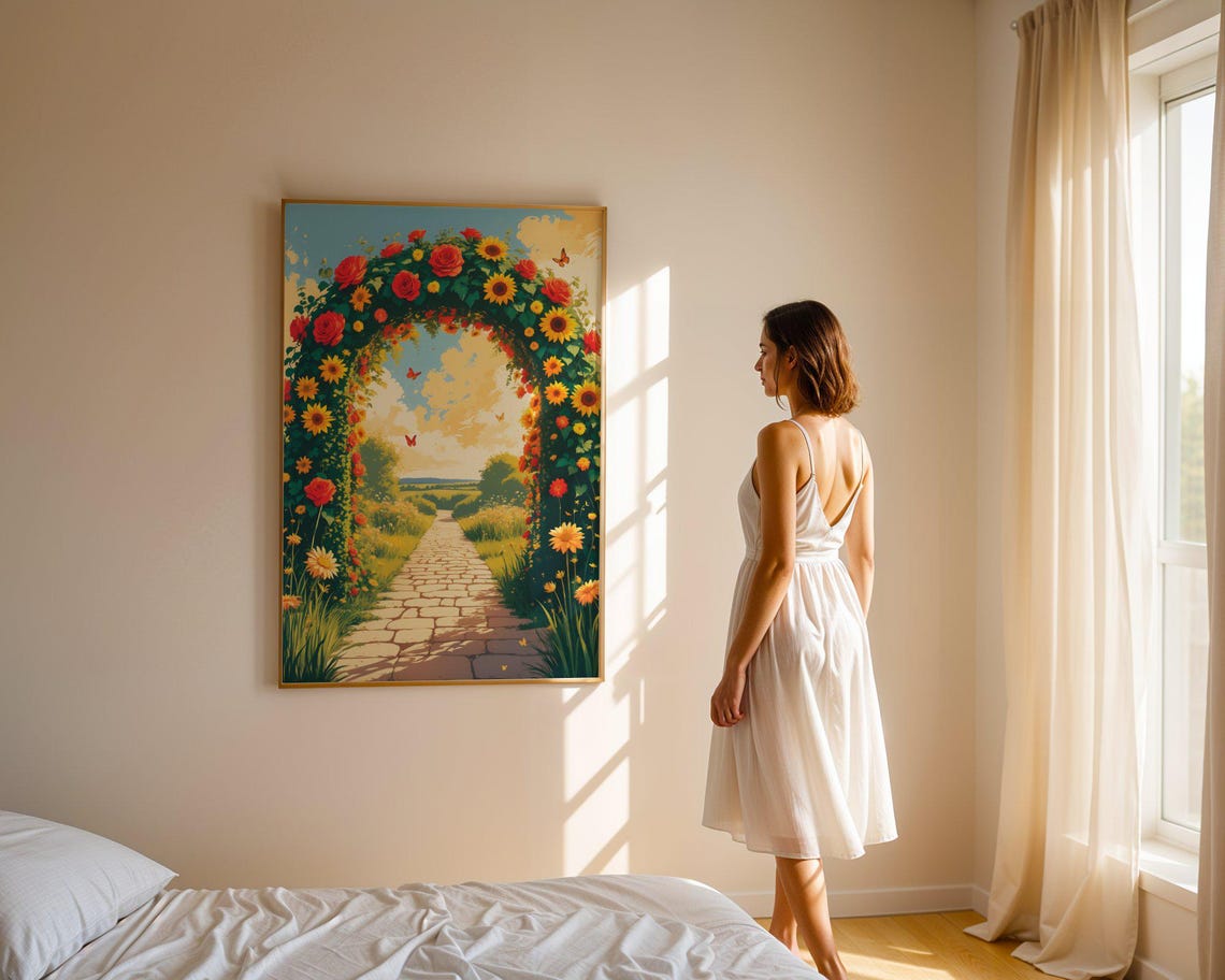 Sunflower And Red Rose Arch Over Sunlit Garden Stone Path Poster - Image 4