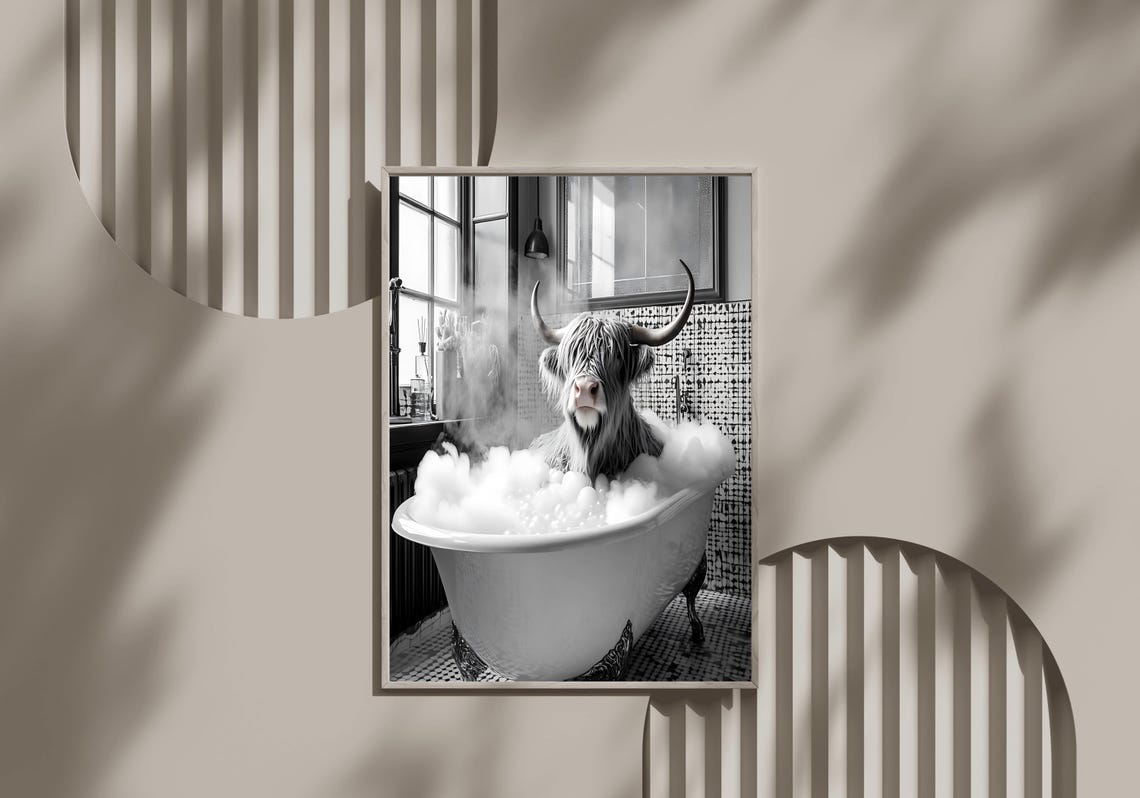Highland Cow In Bubble Bath Black And White Cow Photo Poster