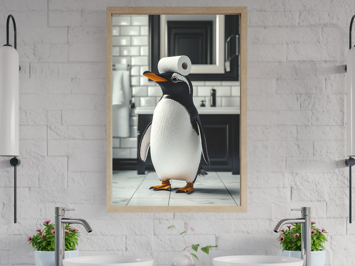 Cute Gentoo Penguin Balancing a Toilet Paper Roll on Its Head Poster
