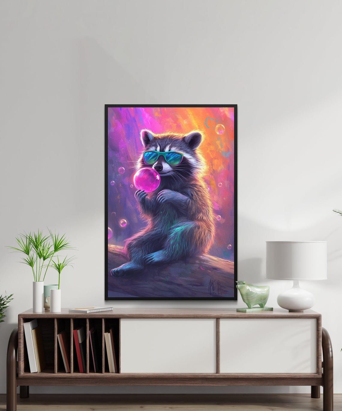 Raccoon In Sunglasses Blowing A Bubblegum Bubble In Neon Glow Poster - Image 5