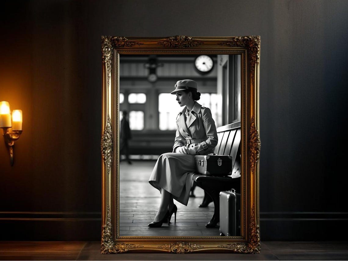 Woman In Trench Coat Waiting At A Vintage Train Station Poster