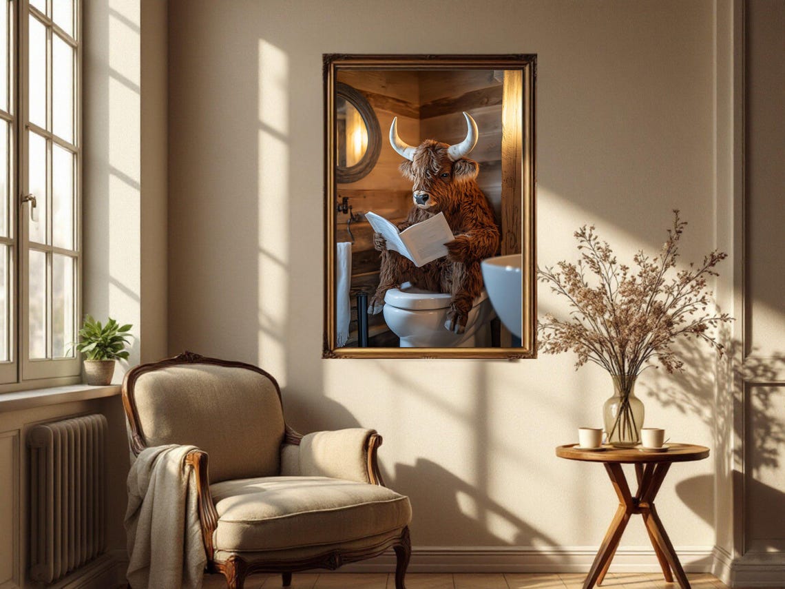 Highland Cow Reading a Book on the Toilet in a Rustic Cabin Poster - Image 4