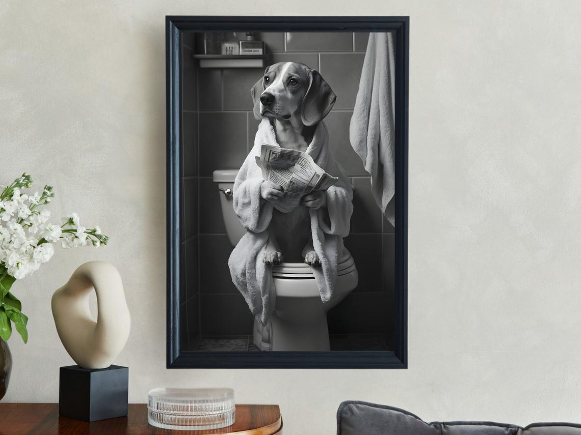 Beagle In Bathrobe Reading Newspaper On Toilet Black And White Poster - Image 2