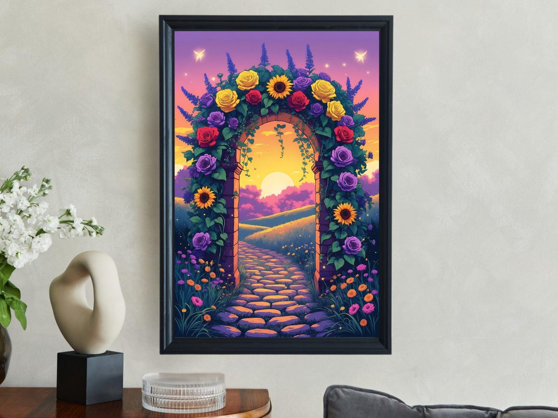 Flower Covered Stone Archway Over A Cobblestone Path At Sunset Poster