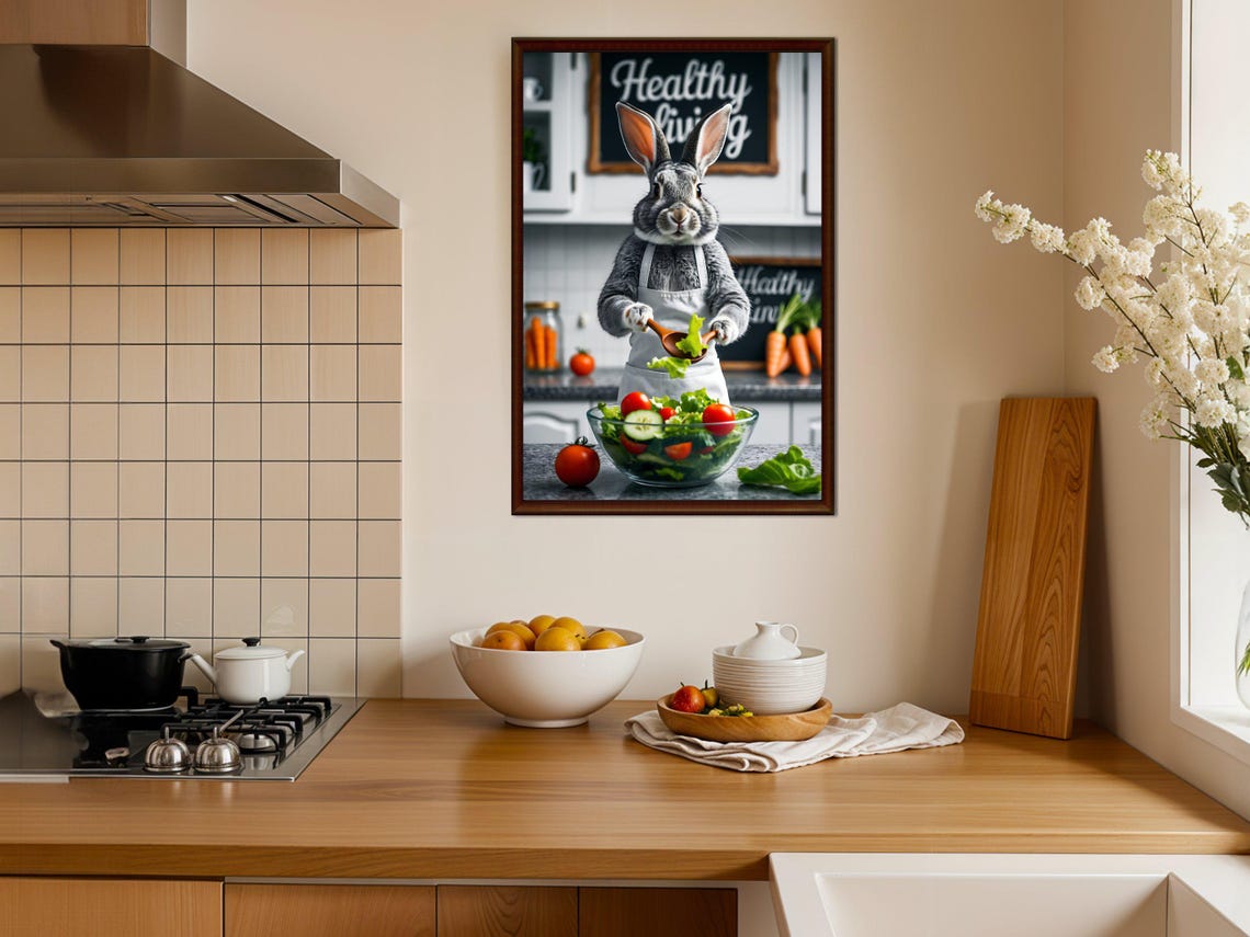 Rabbit Chef Tossing Fresh Salad Funny Animal Kitchen Wall Art - Image 4