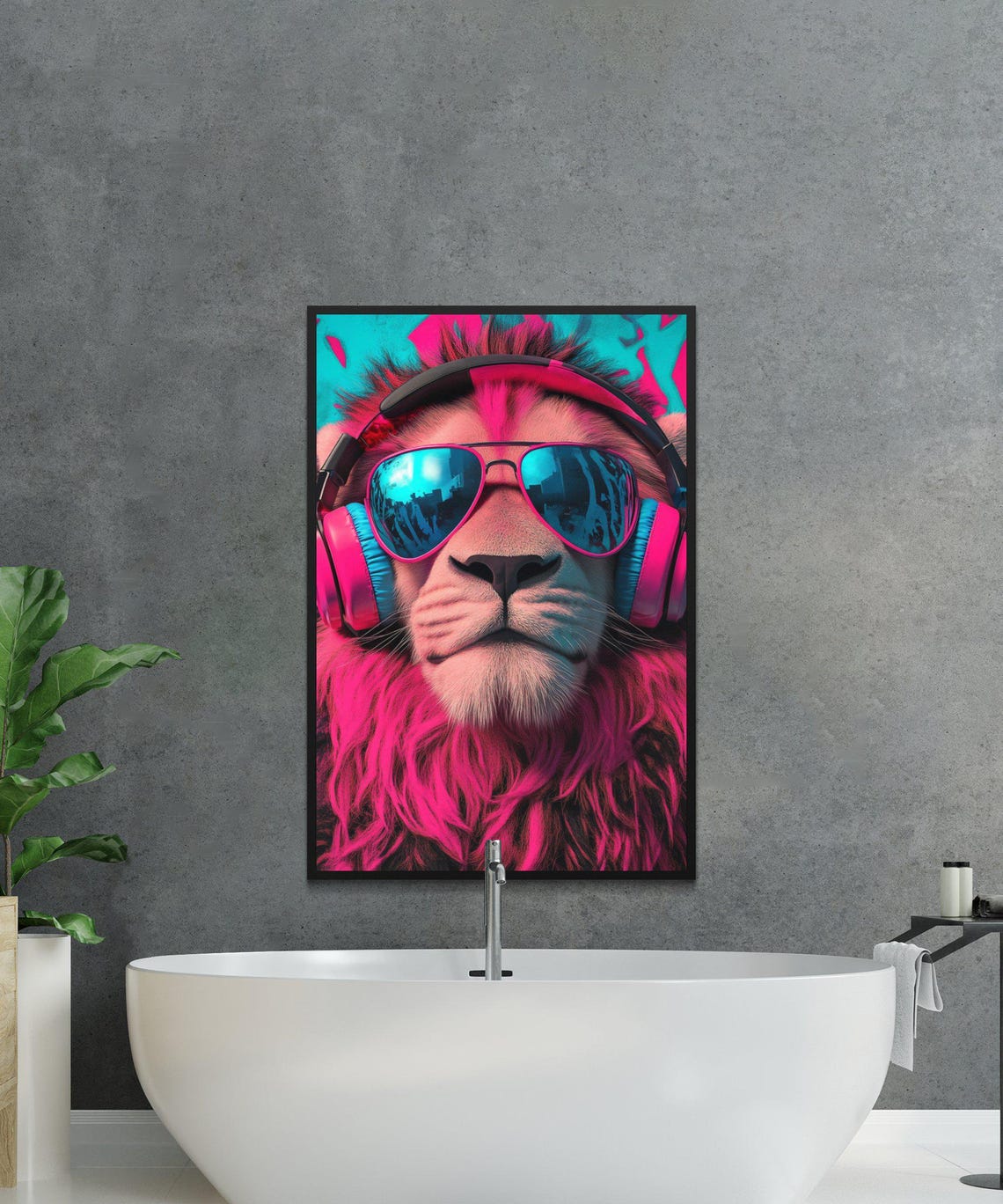 Neon Pink Lion In Headphones And Mirrored Aviator Sunglasses Poster - Image 3
