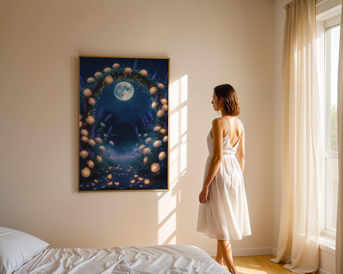 Glowing White Rose Arch Under A Full Moon In A Night Garden Poster - Image 4