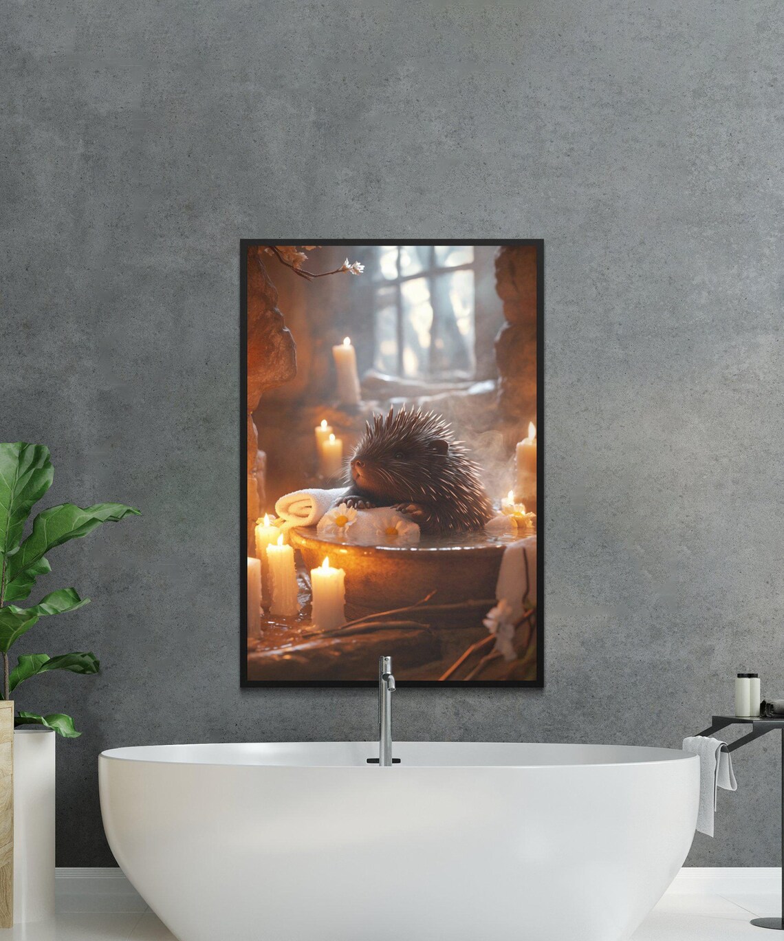 Hedgehog Relaxing in a Candlelit Stone Bath with Flowers Poster - Image 2