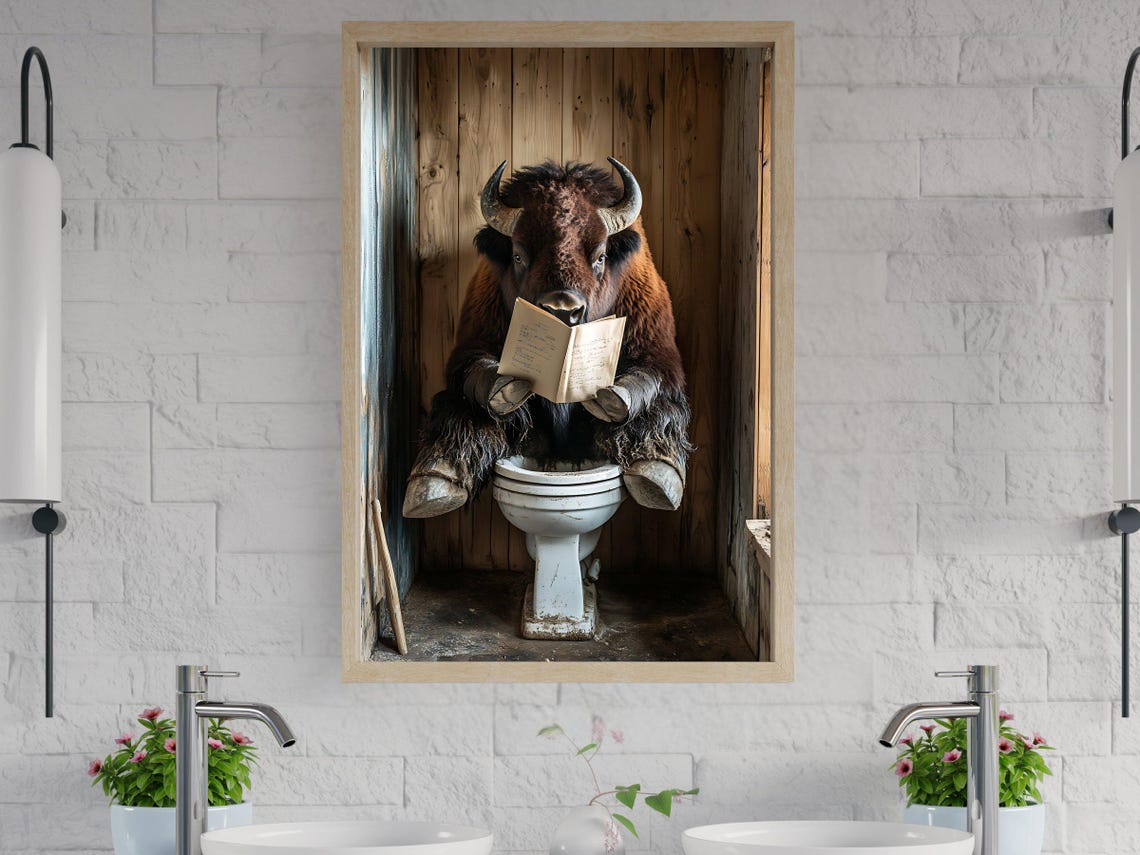 Bison Reading a Book on a Toilet in a Rustic Wooden Bathroom Poster