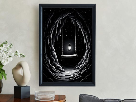 Mystical Cave Swing Wall Art Night Sky Lantern Print Fantasy Adventure Decor Starry Cave Scene Illustration Dreamy Wall Decor
