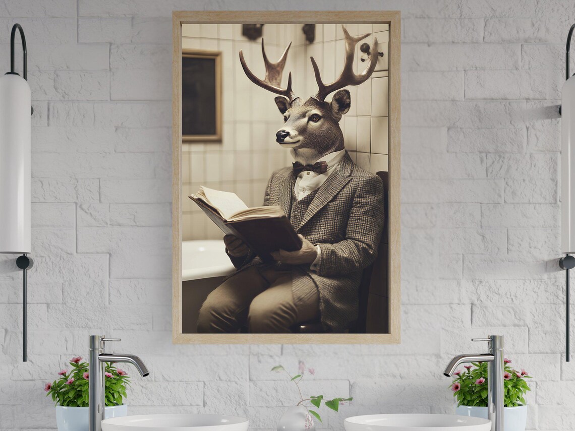 Vintage Portrait of a Stag Deer in a Suit Reading a Book Poster