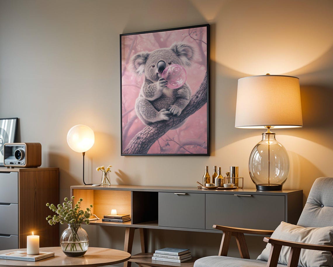 Sweet Koala Blowing A Bubblegum Bubble On A Branch In Pink Poster - Image 3