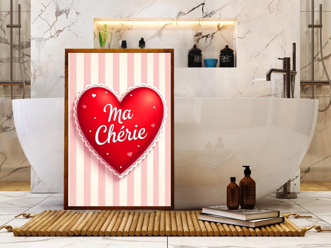 Ma Cherie Red Heart on Pink Stripes Romantic Love Valentine Poster - Image 2