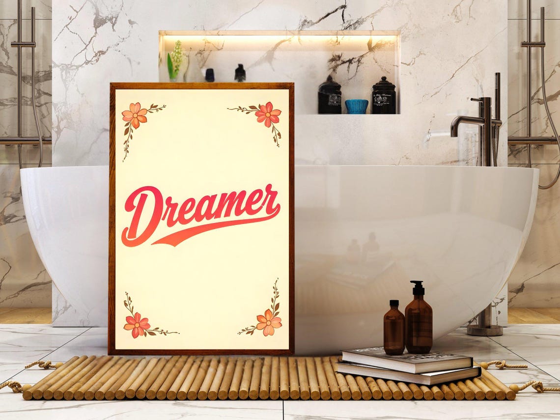 Dreamer Red Retro Script Floral Corner Inspirational Quote Poster - Image 2