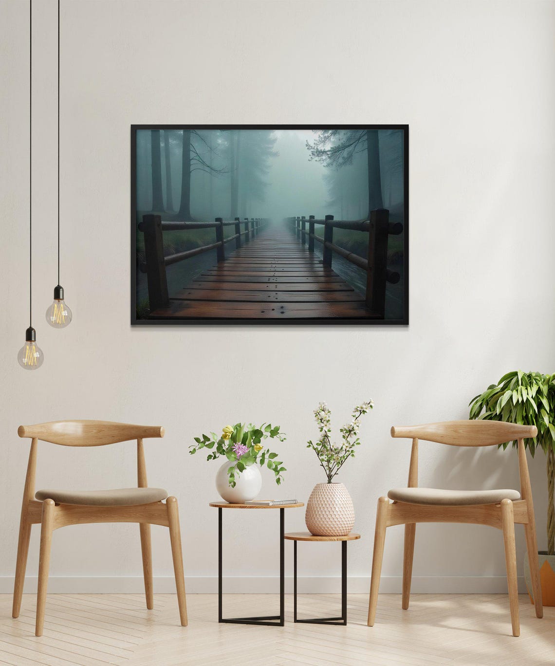 Mystical Forest Bridge Foggy Path Nature Wall Art Print Serene Misty Forest Wooden Bridge Decor Tranquil Nature Scene Poster - Image 2