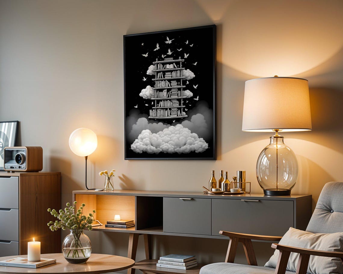 Floating Bookshelf Among Clouds And Doves Black White Poster - Image 3