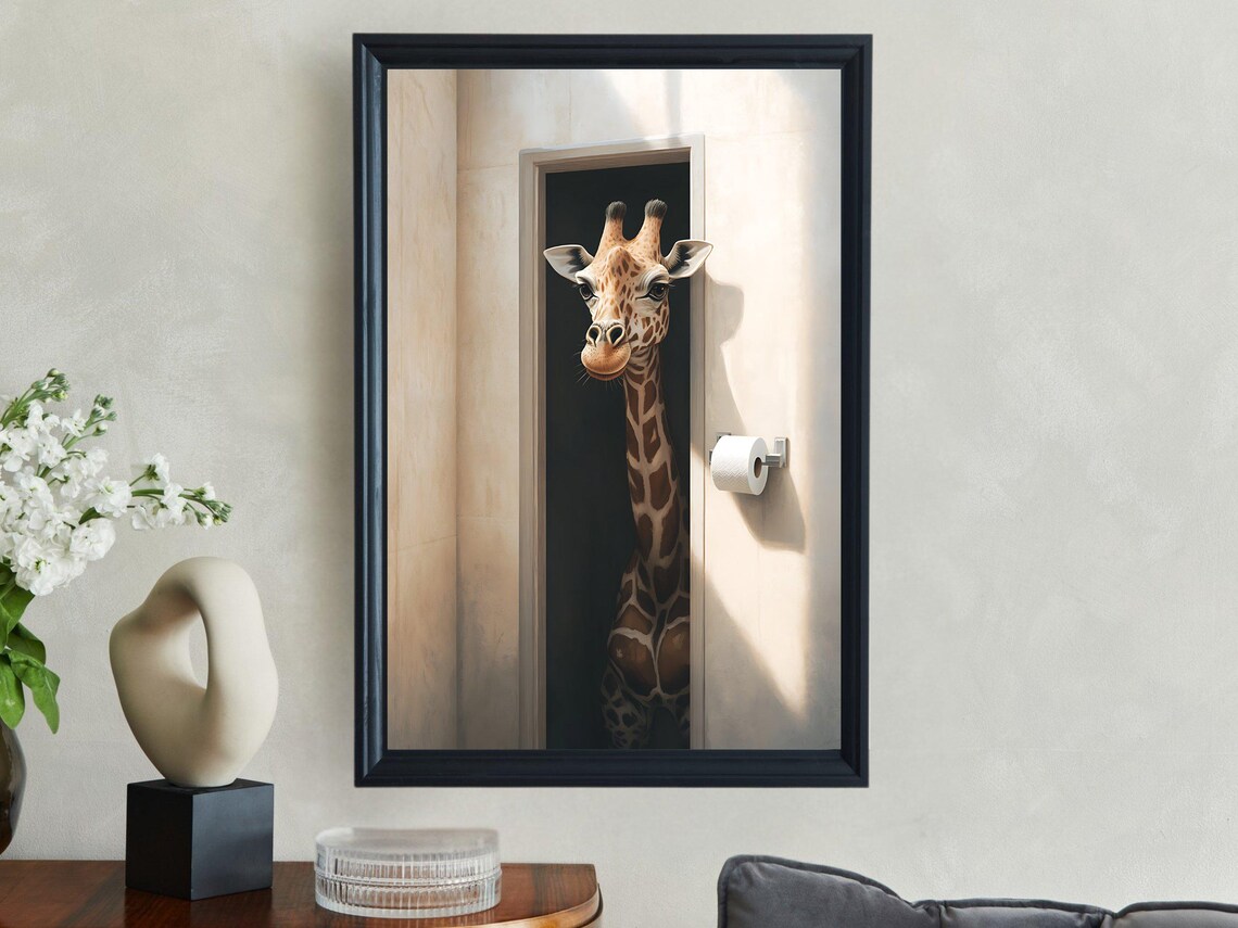 Friendly Giraffe Peeking Through the Bathroom Doorway Poster - Image 2