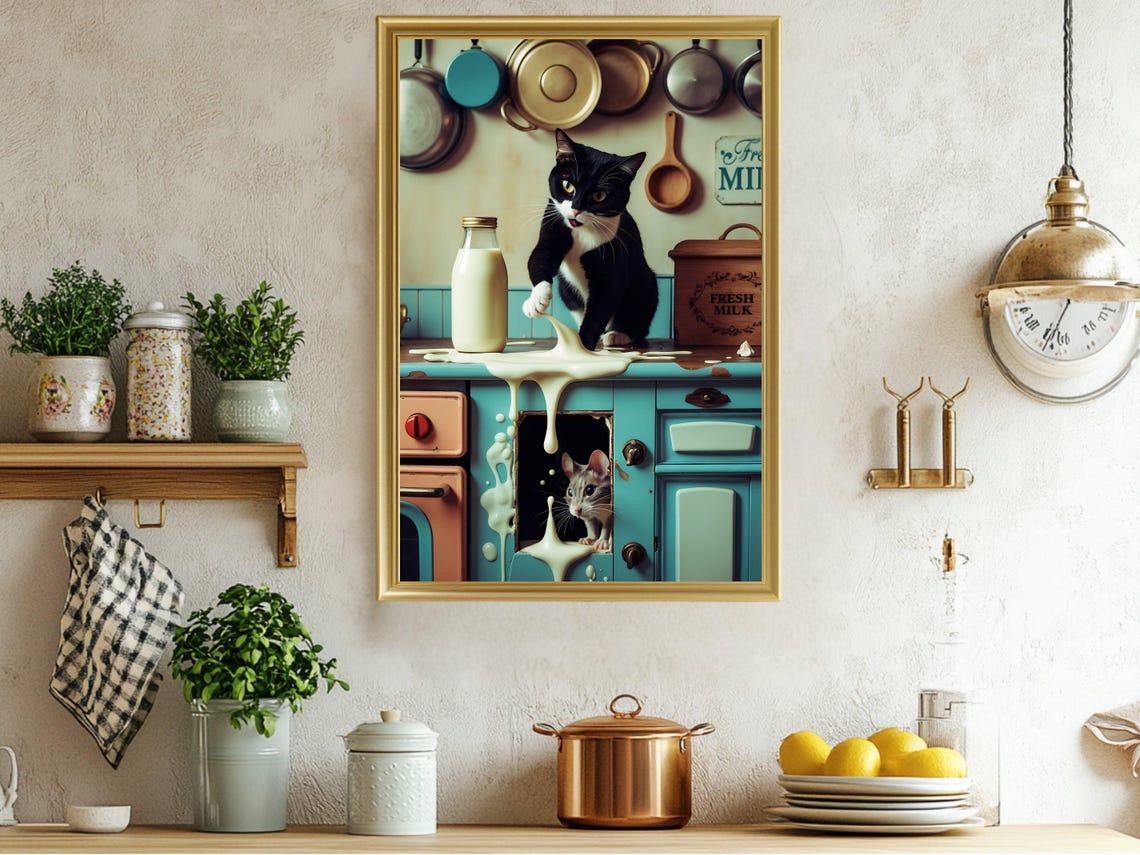Funny Mischievous Cat Spilling Milk Mouse Retro Kitchen Art Print
