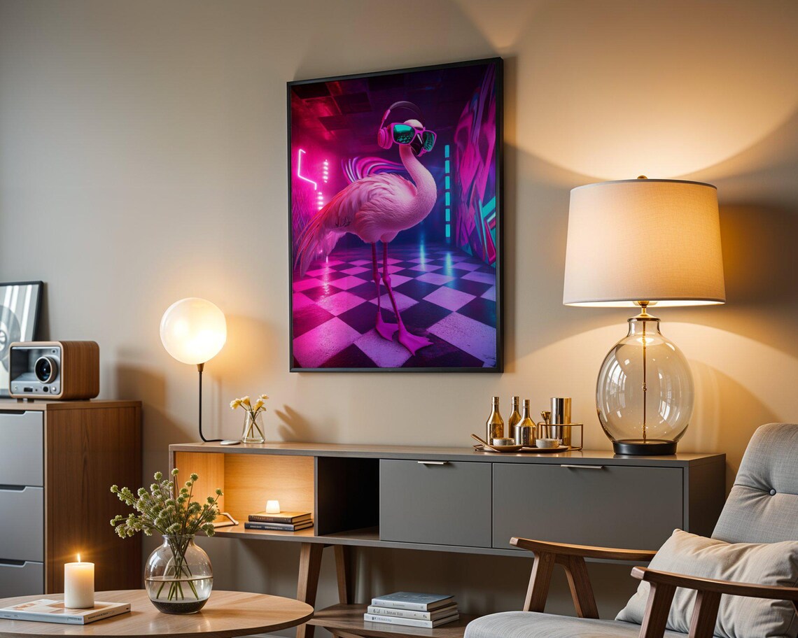 Flamingo with Headphones and Sunglasses Neon Nightclub Party Poster - Image 4