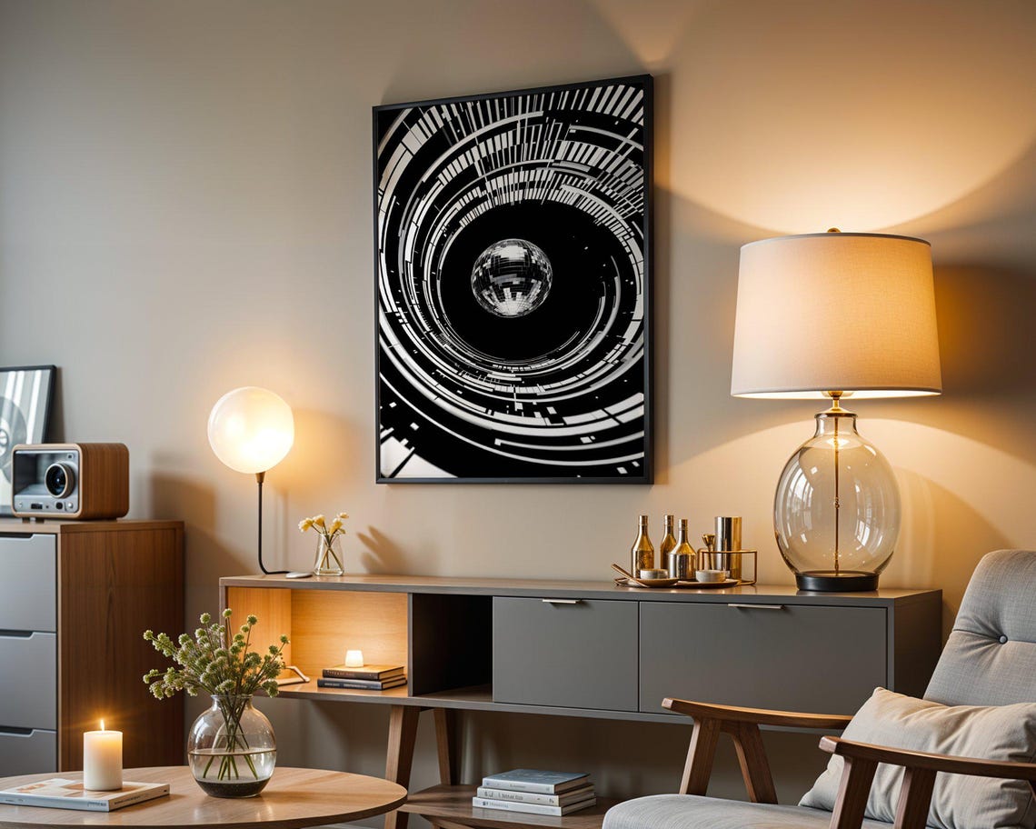 Futuristic Geometric Disco Ball Sphere Black White Vortex Poster - Image 3