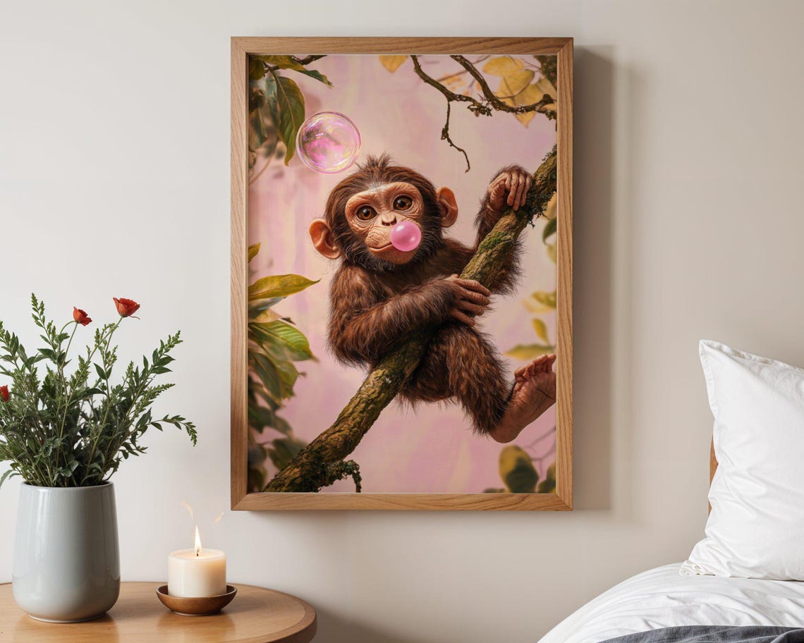 Baby Monkey Climbing Tree Blowing Pink Bubble Cute Art Poster