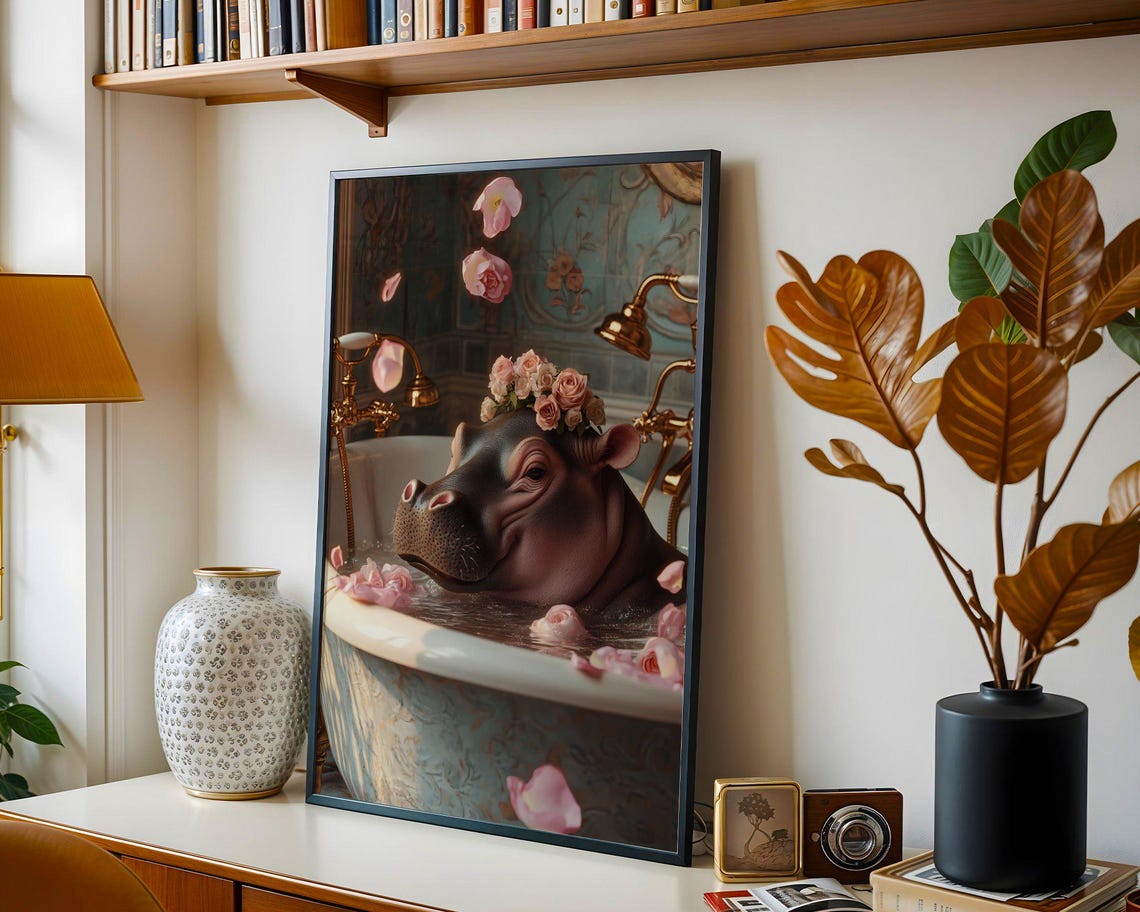 Hippo in Bathtub With Flower Crown and Rose Petals Art Poster - Image 4