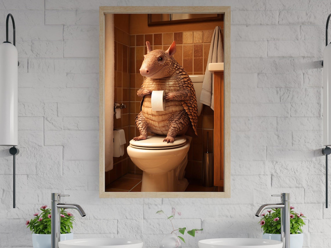 Armadillo Sitting On Toilet Holding Toilet Paper Funny Animal Poster