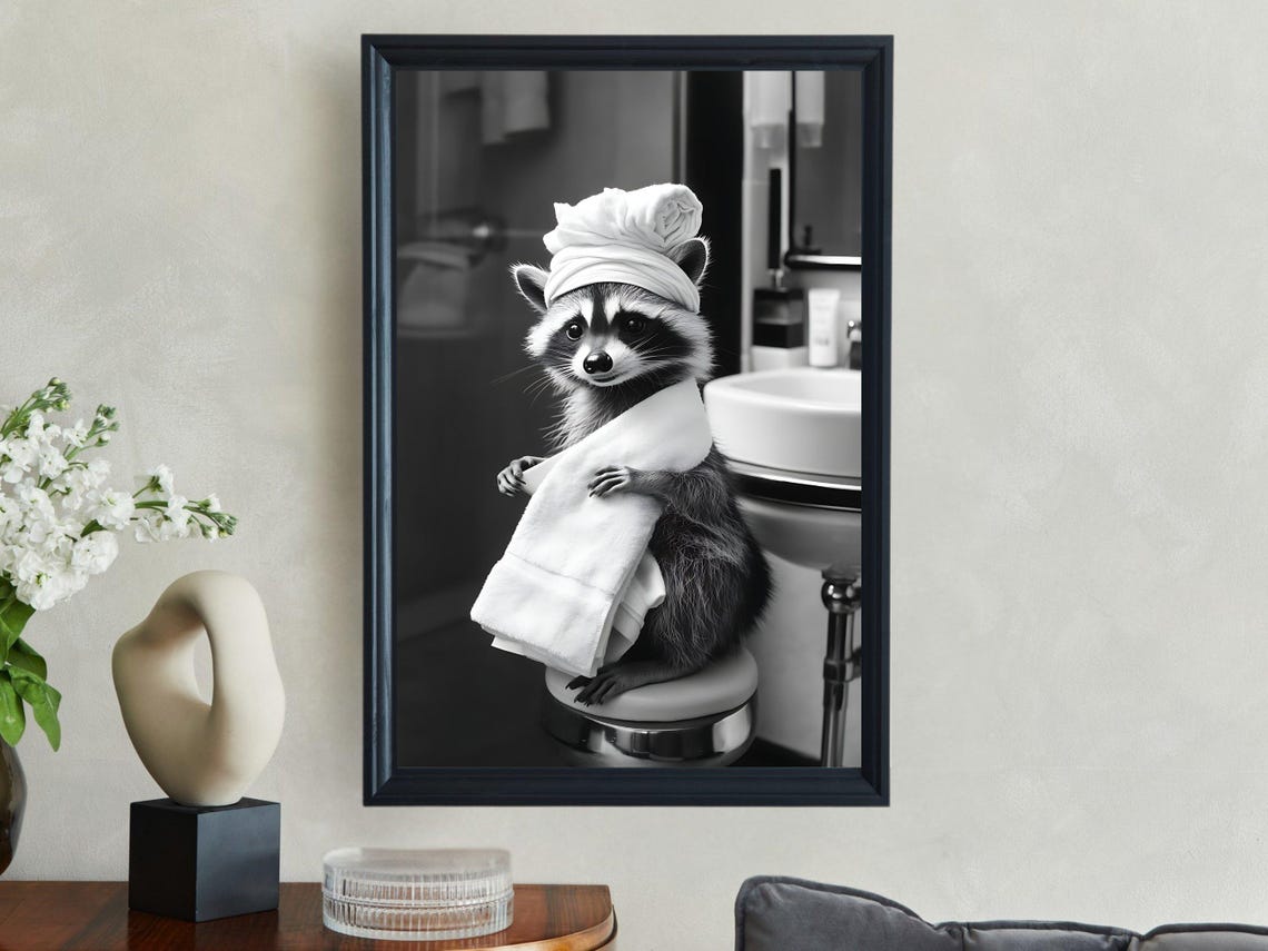Raccoon in a Towel Turban After a Bath Black and White Poster - Image 2