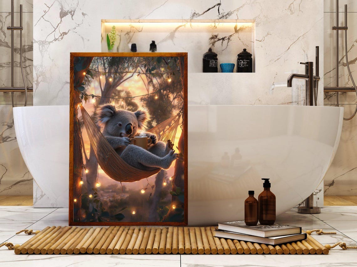 Koala in Hammock Holding Coffee at Sunset With String Lights Poster - Image 5