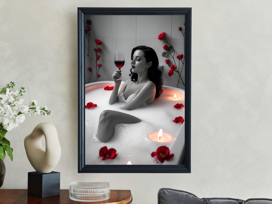 Elegant Woman In Bathtub Wall Art Luxury Spa Bathroom Decor Red Roses And Candles Relaxation And Serenity Print - Image 4