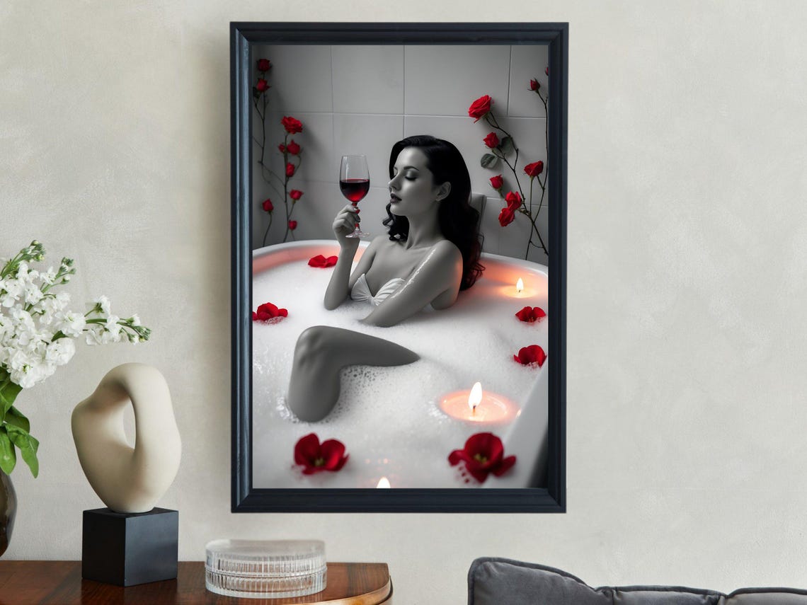Woman in a Bubble Bath With Red Roses Wine and Candles Poster - Image 4