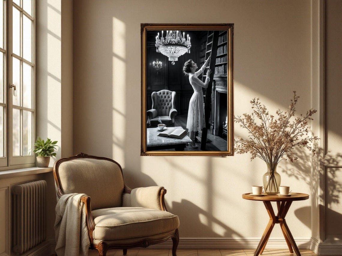 Woman in Lace Dress Climbing Library Ladder, Chandelier Poster - Image 2
