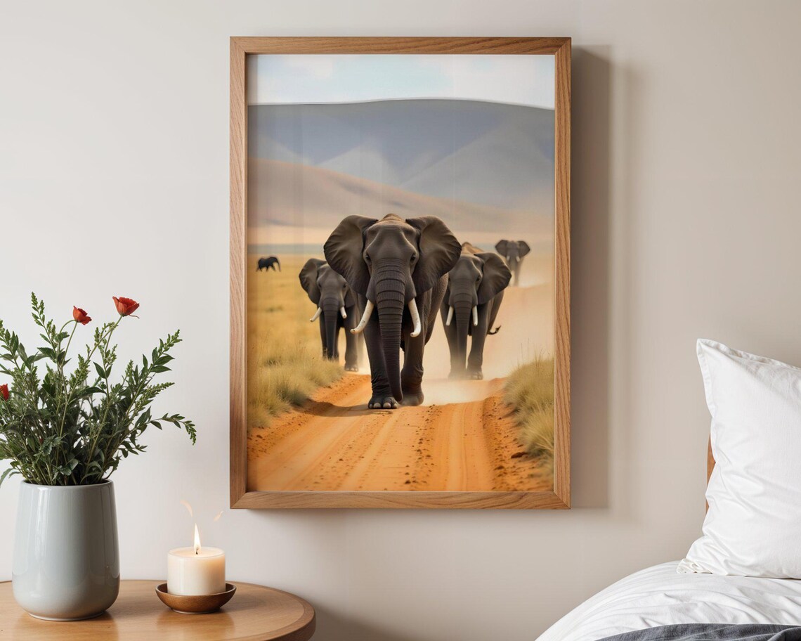 Elephant Herd Walking On A Dusty Savanna Road Under Morning Light Poster