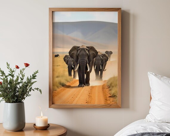 Elephant Herd Walking On A Dusty Savanna Road Under Morning Light Poster