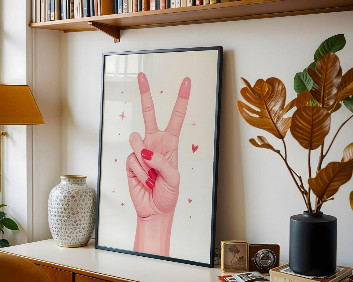 Pink Peace Sign Hand with Red Nails Cute Illustration Wall Art - Image 5