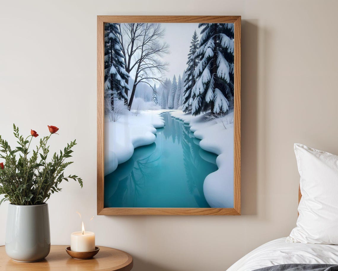 Turquoise River Winding Through Snowy Winter Forest Landscape Poster