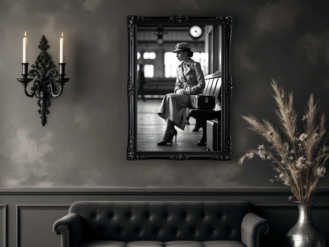 Woman In Trench Coat Waiting At A Vintage Train Station Poster - Image 4