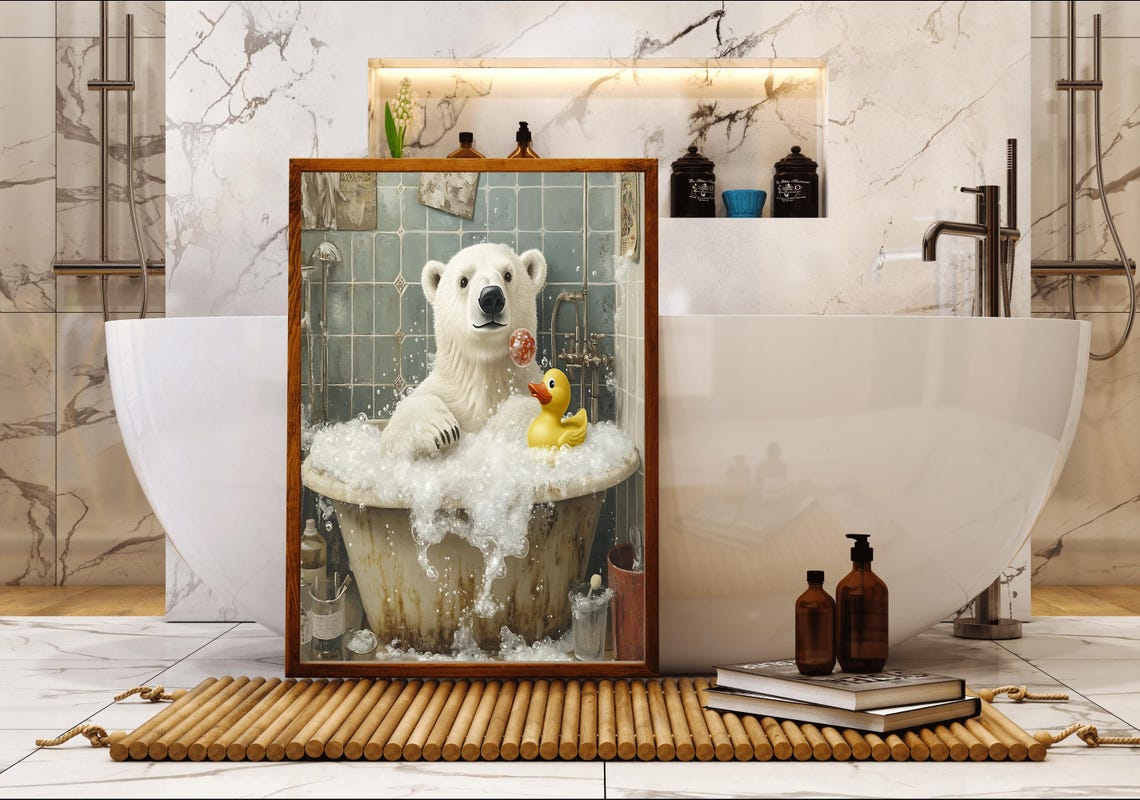 Polar Bear Splashing in a Vintage Bubble Bath with Rubber Duck Poster - Image 5